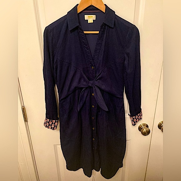 Anthropologie 6P Maeve Navy Corduroy Winchester Tie Front Boho Shirt Dress - Picture 2 of 7